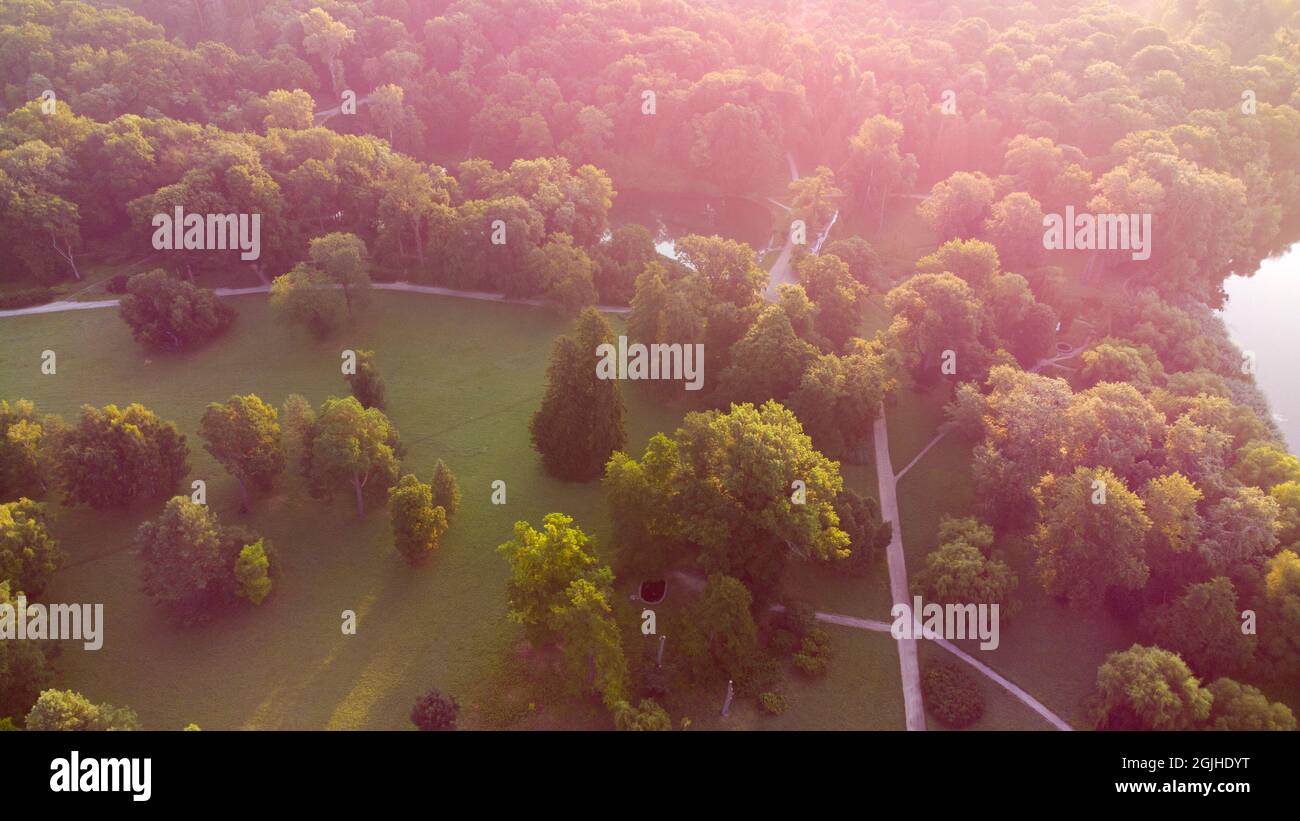 Vista dall'alto sentieri sterrati nel parco in estate. Alberi verdi, glades, laghi Foto Stock