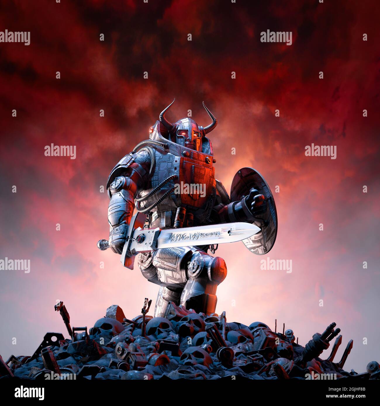 Futuristica battaglia dei guerrieri vichinghi - illustrazione 3D del  cavaliere robot barbaro della fantascienza con casco cornato, spada di  battaglia e scudo Foto stock - Alamy