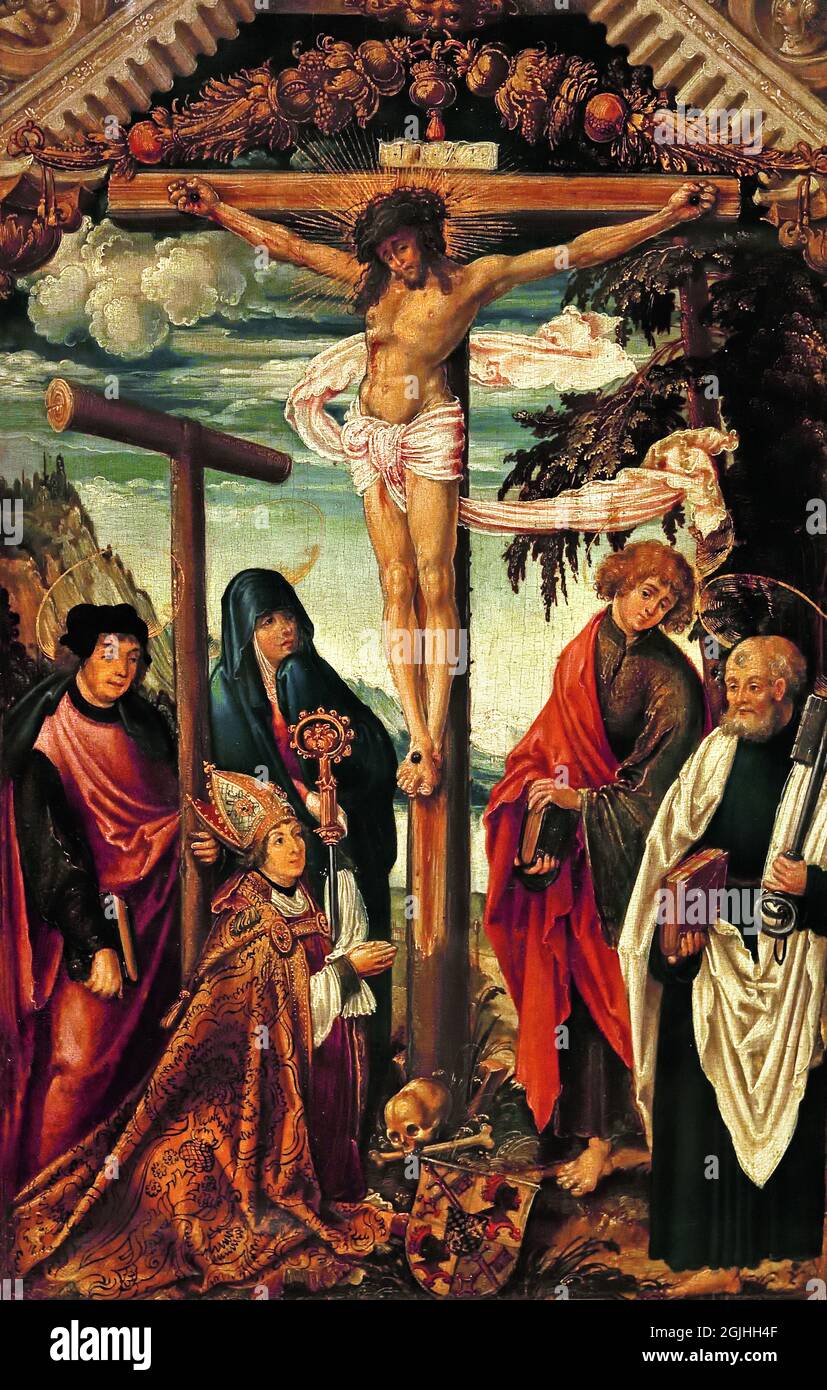 La Crocifissione con santi e commissari, (Golgota) 1500-1535- Hans Wertinger ? Tedesco, Germania. Foto Stock