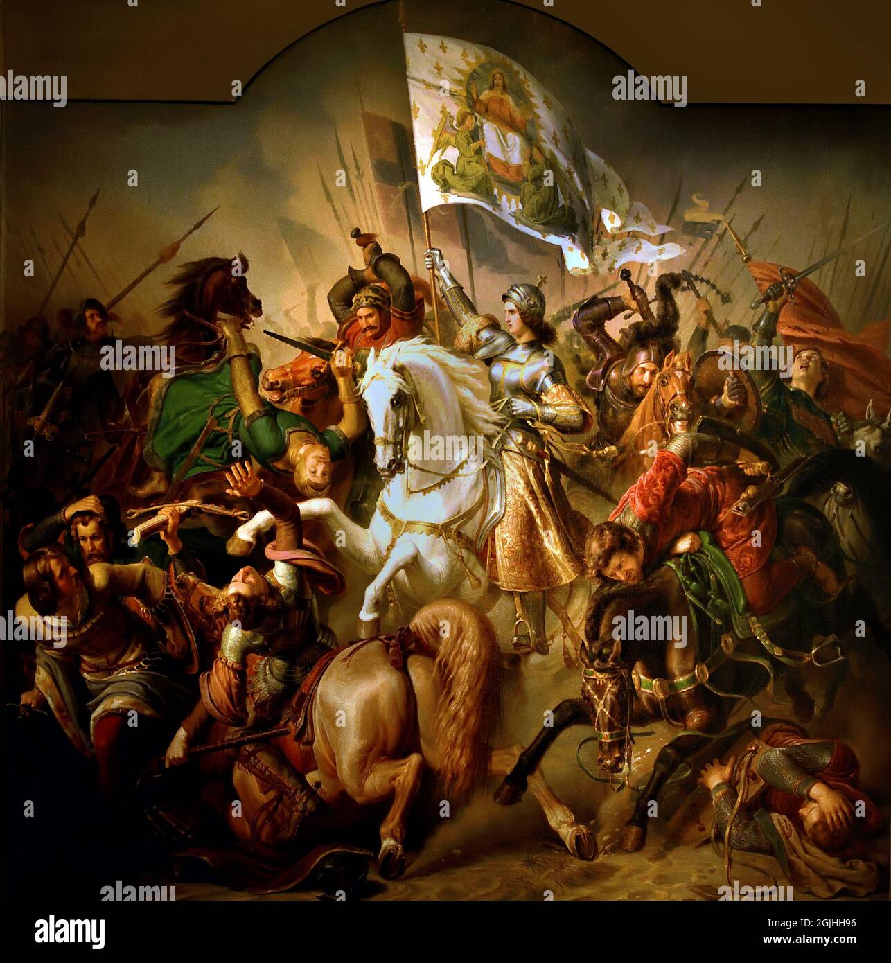 Jeanne D`Arc in battaglia (pannello centrale della vita di Jeanne D`Arc), 1843 Francia francese ( Giovanna d'Arco, la Maid of Orléans, eroina di Francia per il suo ruolo durante la fase Lancastriana della guerra dei cent'anni, canonizzato come santo. ) Foto Stock