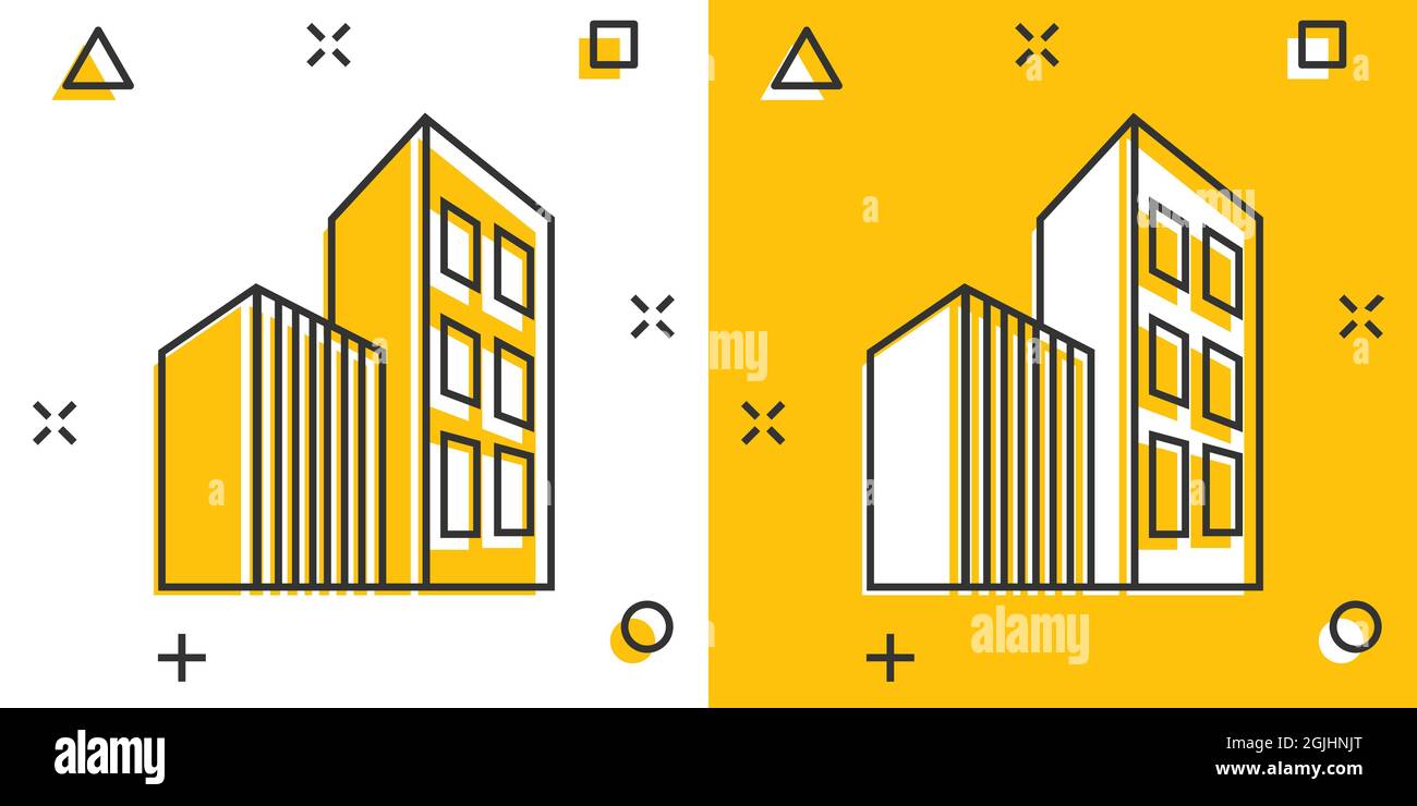 Costruzione di icone in stile comico. Illustrazione vettoriale dei grattacieli su sfondo isolato bianco. Architettura splash effect concetto aziendale. Illustrazione Vettoriale