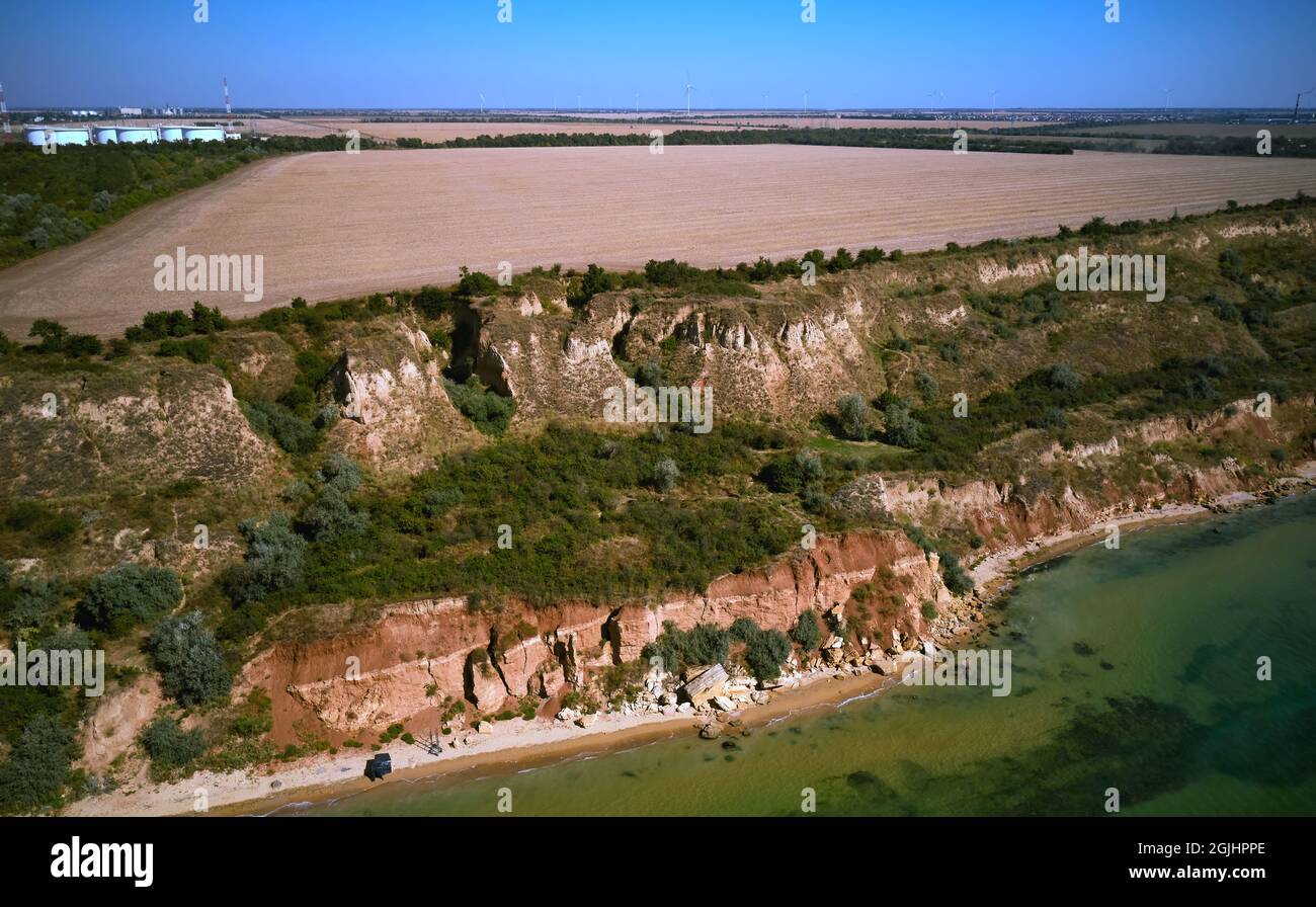 Panorama frana nella regione di Yuzhny in.Odessa, Ucraina. Riprese con droni, luce naturale. Foto Stock