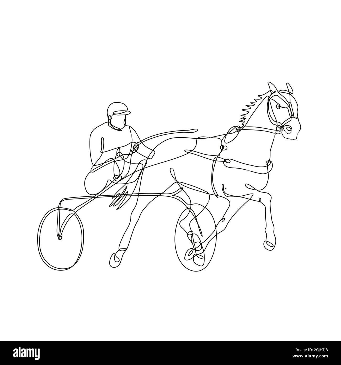 Jockey e imbracatura a cavallo Racing Vista laterale all'interno del cerchio disegno linea continua Foto Stock