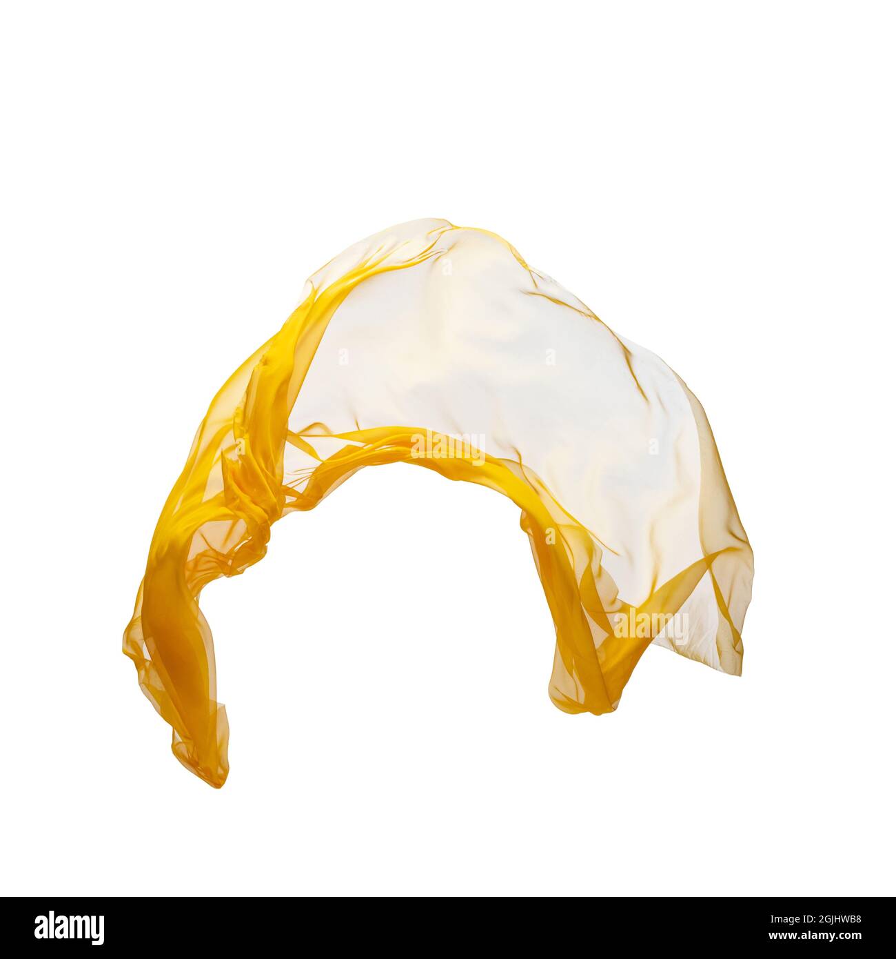 Elegante e liscio panno giallo trasparente isolato su sfondo bianco studio. Tessuto di seta volante Foto Stock