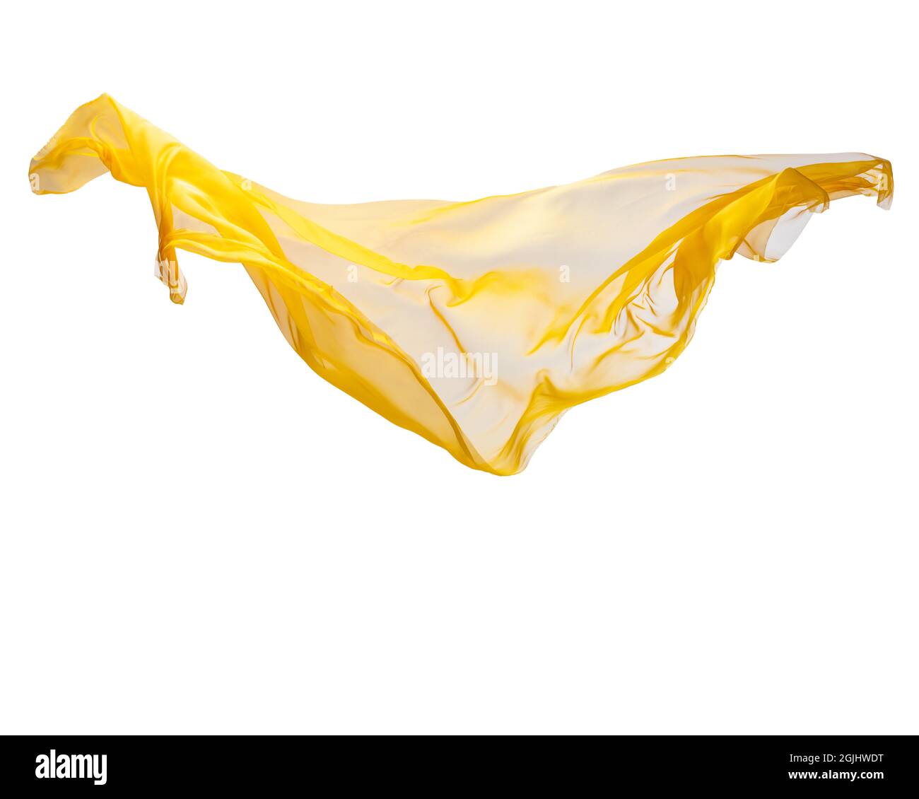 Tessuto di seta galleggiante. Elegante e liscio panno giallo trasparente isolato su sfondo bianco studio Foto Stock