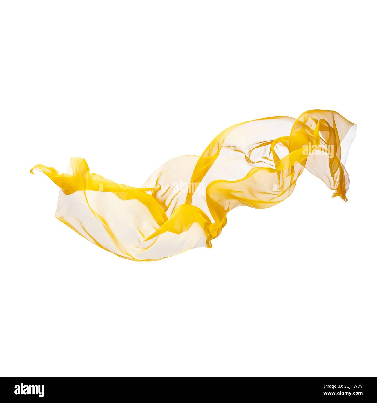 Tessuto volante di seta a onda gialla. Elegante tessuto isolato su sfondo bianco studio. Tessuto di seta volante Foto Stock