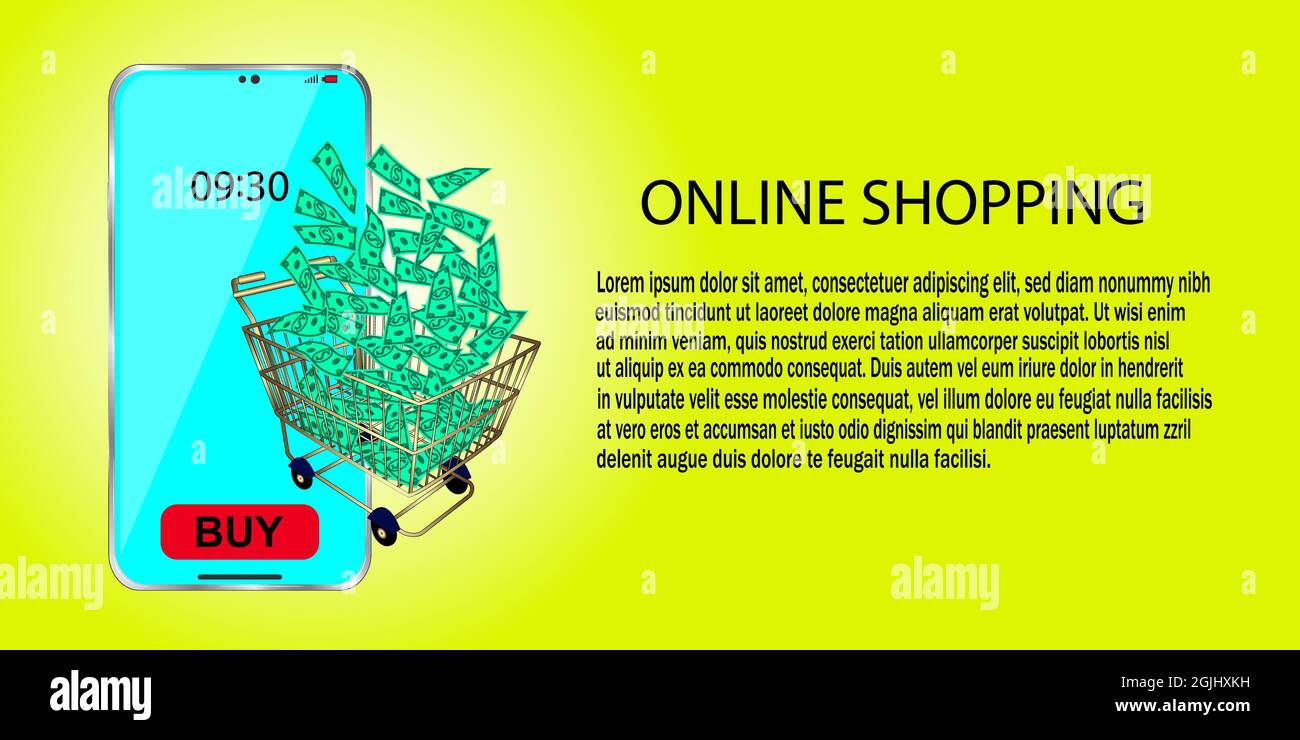 Smartphone e carrello. Banner shopping online. Illustrazione vettoriale. Illustrazione Vettoriale