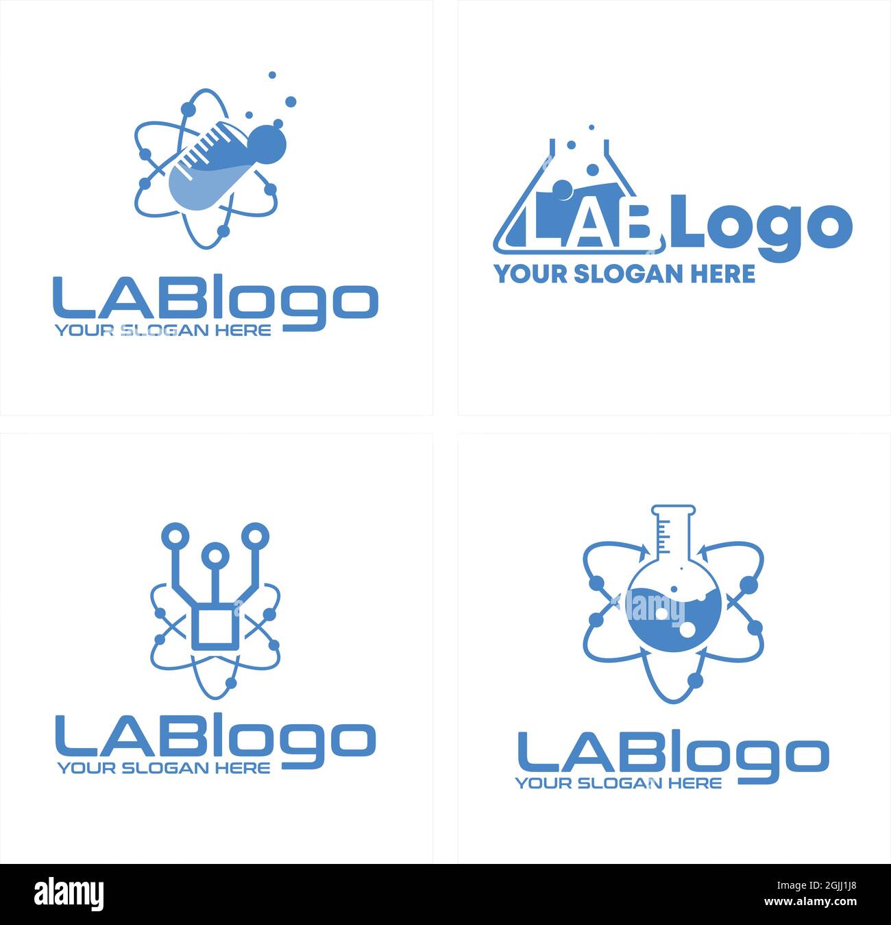 Design del logo dello scienziato della molecola di atomo della provetta per test di laboratorio Illustrazione Vettoriale
