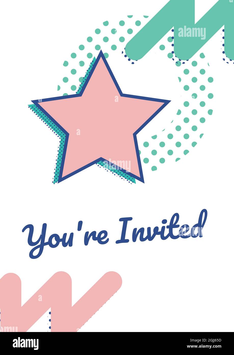 Composizione del testo invitato con stella rosa e verde, linee e punti su sfondo bianco Foto Stock