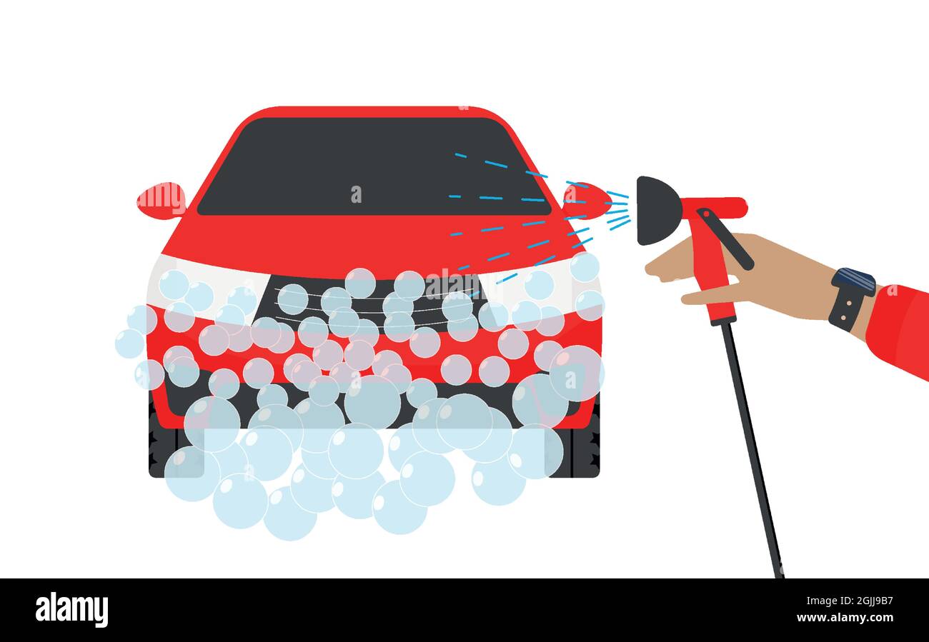 Banner per un autolavaggio. Uomo lavaggio auto vettore illustrazione. Concetto di autolavaggio con auto sportiva rossa. Illustrazione Vettoriale