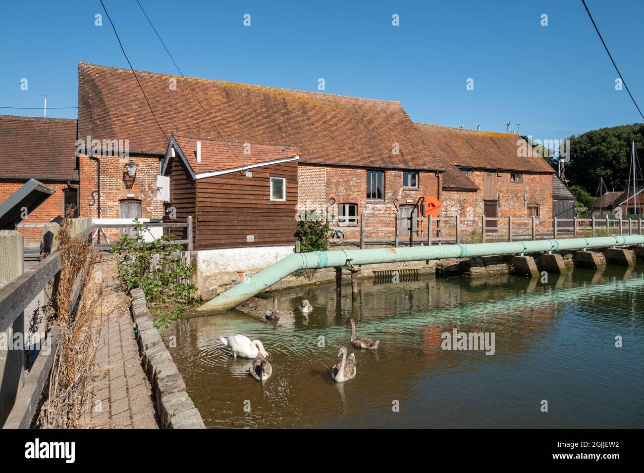 Eling Tide Mill, Bartley Water e la piscina mulino con cigni in Hampshire, Inghilterra, Regno Unito Foto Stock