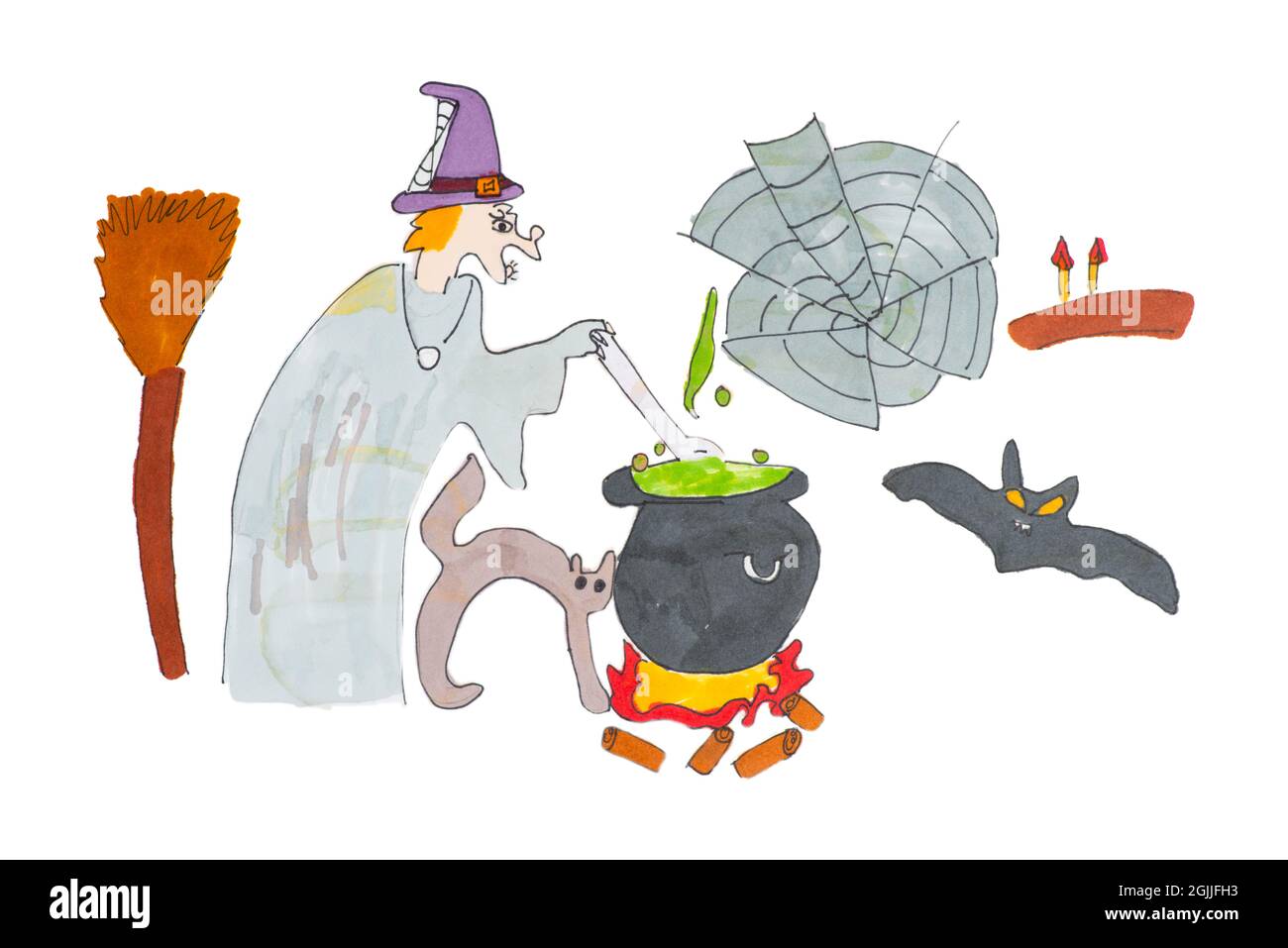 Il disegno del bambino di una strega di Halloween lancia una pozione su uno sfondo bianco isolato. Strega con potion.witch con un cucchiaio Foto Stock