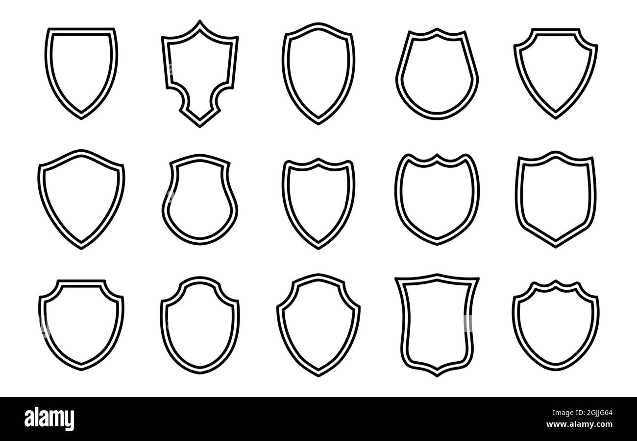 Forma del profilo dello scudo di polizia. Schermi araldici emblemi bianchi. Etichette vettoriali di sicurezza. Illustrazione Vettoriale