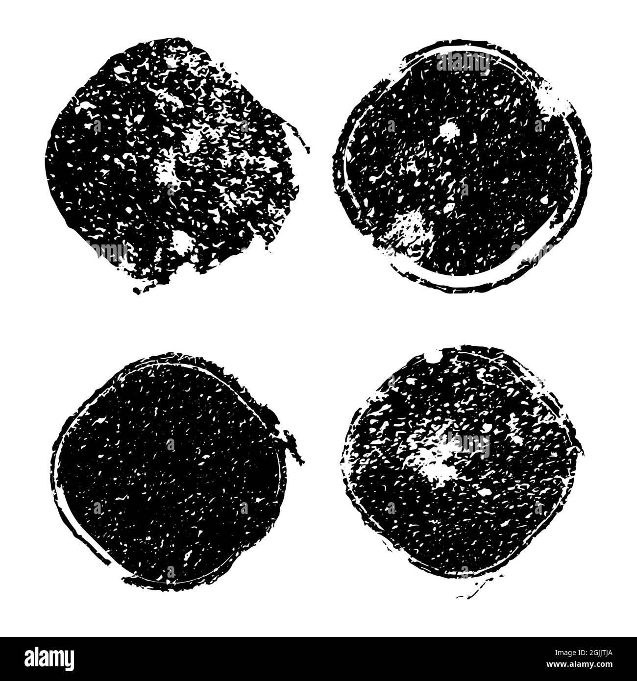 Set di francobolli neri grungi. Strutture di distress vettoriale di crepe, macchie, punti. Forme bianche polverose per striscioni, logo, icone, badge, emblemi, etichette Illustrazione Vettoriale