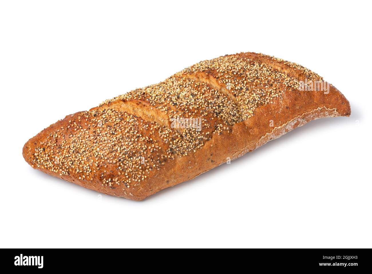 Pane integrale tradizionale di pasta madre in una forma speciale con semi isolati su sfondo bianco Foto Stock