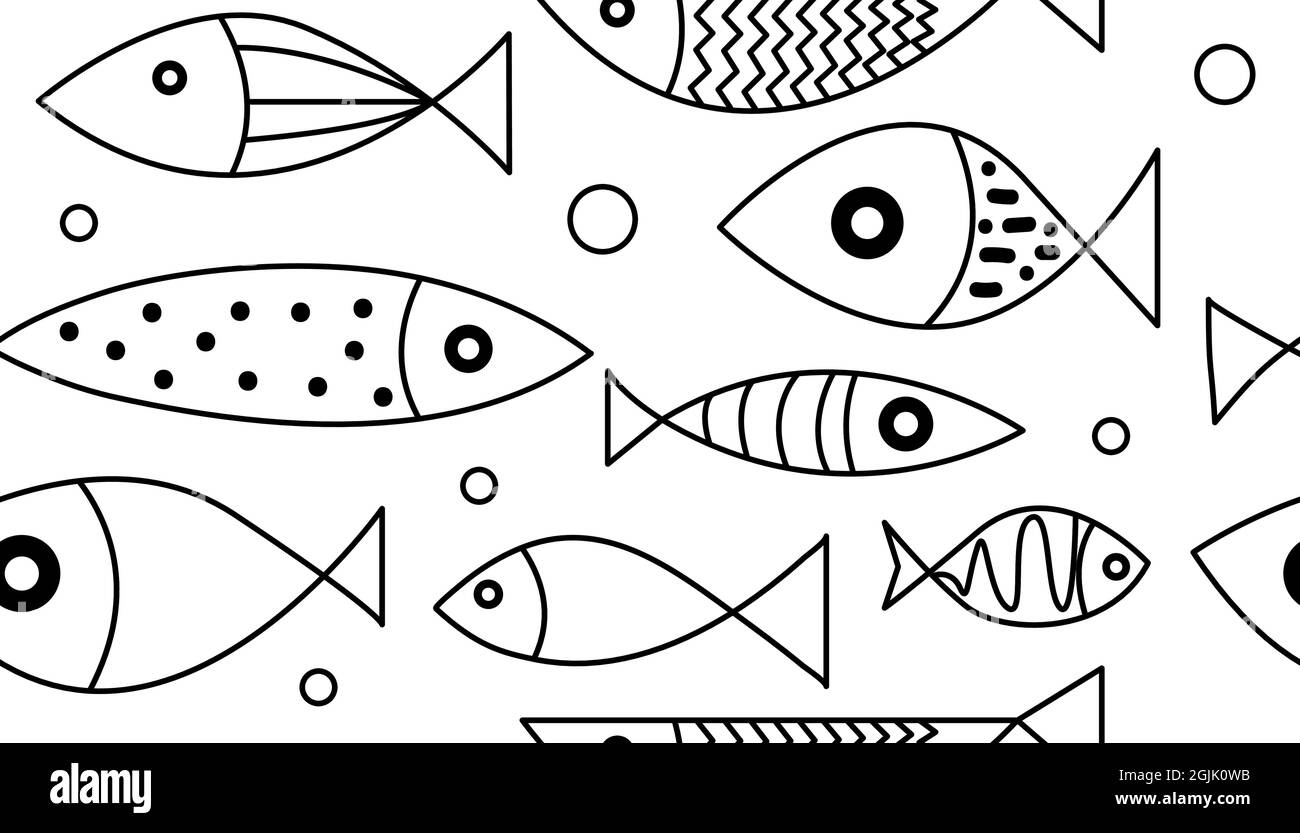 Cartoon motivo senza cuciture con pesce disegnato a mano per stampa, carta da parati, tessuti o tessuti. Fondo di Doodle con animali di mare. Striscione con frutti di mare. VECTO Illustrazione Vettoriale