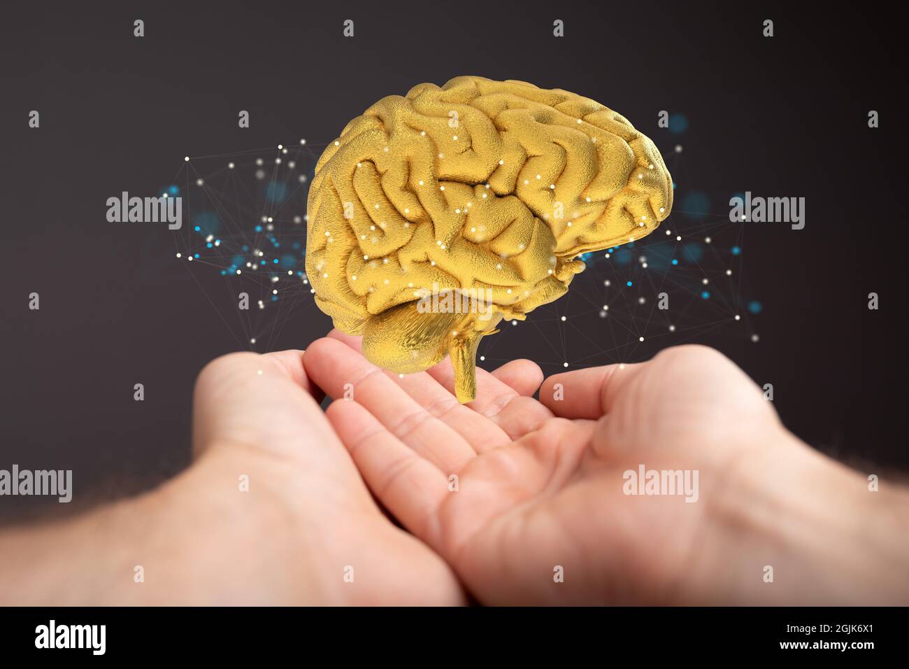 Shot di un concetto di test cerebrale artificiale con effetti aggiuntivi sulle mani umane Foto Stock