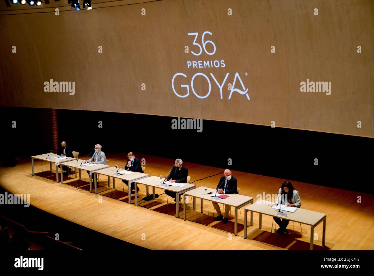(Da sinistra a destra) Rafael Portela Vice presidente dell'Accademia, Joan Ribo sindaco di Valencia, Ximo Puig presidente della Generalitat di Valencia, Mariano Barroso presidente dell'Accademia delle Arti e delle Scienze del movimento di Spagna, Toni Gaspar presidente del Consiglio Provinciale di Valencia e Sandra Gomez vice sindaco di Valencia durante la presentazione al Palau de les Arts.Goya Awards è un evento annuale dell'Accademia delle Arti e delle Scienze del movimento di Spagna, Con lo scopo di premiare i migliori professionisti in ognuna delle diverse specialità del cinema spagnolo. L'evento Foto Stock