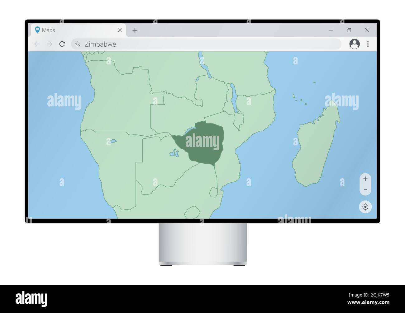 Computer monitor con mappa dello Zimbabwe nel browser, cercare il paese dello Zimbabwe sul programma di mappatura web. Modello vettoriale. Illustrazione Vettoriale