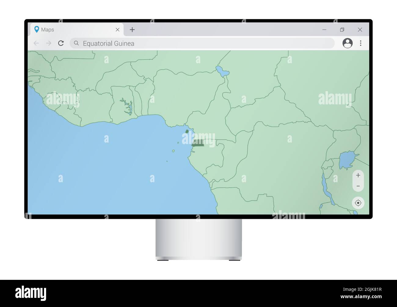 Computer monitor con mappa della Guinea Equatoriale nel browser, cerca il paese della Guinea Equatoriale sul programma di mappatura web. Modello vettoriale. Illustrazione Vettoriale