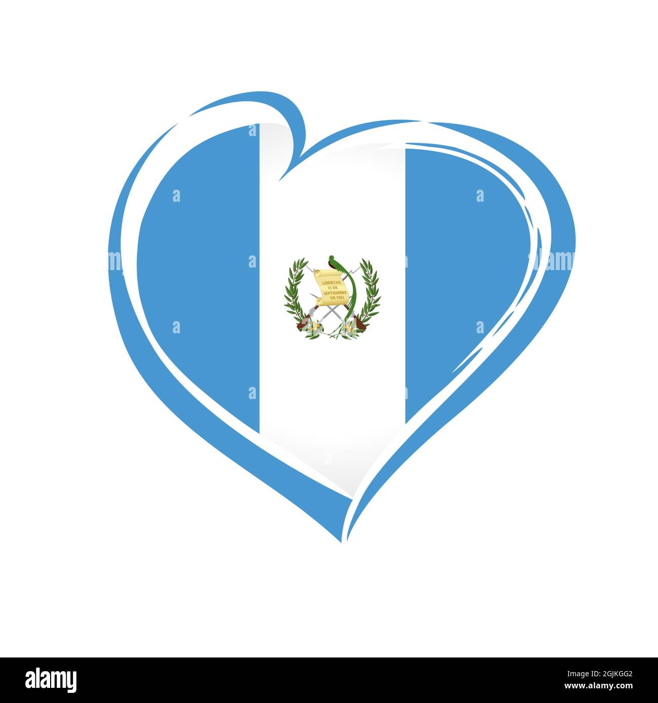 Simbolo della bandiera guatemalteca Love. Bandiera del Guatemala in forma di cuore per la Giornata dell'Indipendenza del Guatemala 15 settembre 1821 isolato su sfondo bianco. Vettore Illustrazione Vettoriale
