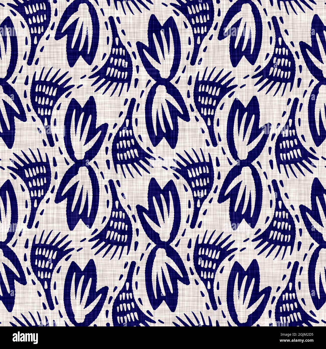 Indigo blu fogliame blocco stampa tinto lino texture sfondo. Ripetizione batik tessuto giapponese senza cuciture. Sfocatura floreale organica stressata Foto Stock