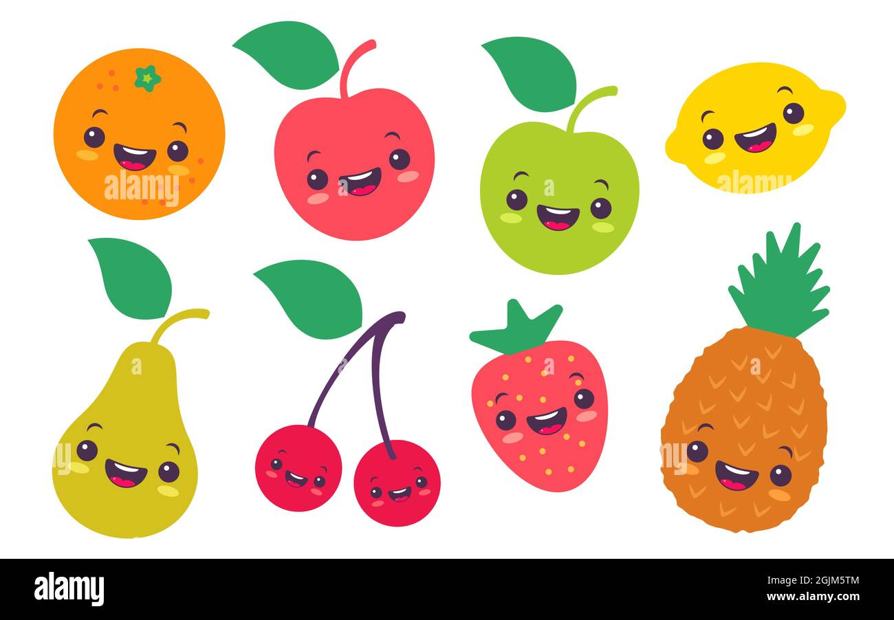 Illustrazione piatta del set vettoriale di un frutto in stile kawaii. Frutta e frutti di bosco carini in stile manga. Illustrazione Vettoriale