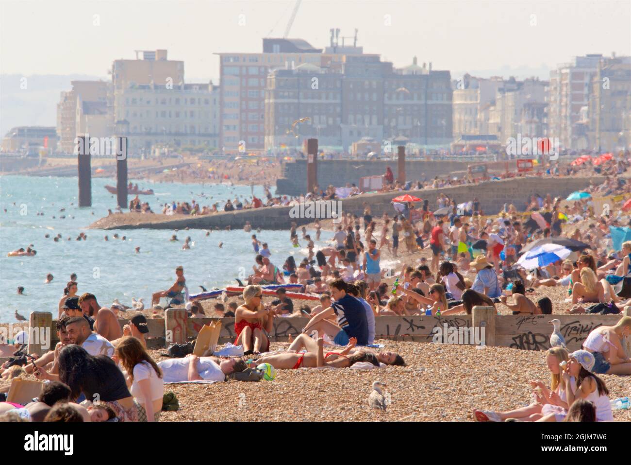 Spiagge affollate del centro di Brighton e Hove. A ovest del molo del Palazzo di Brighton. Vacanze estive. Sussex, Inghilterra, Regno Unito Foto Stock