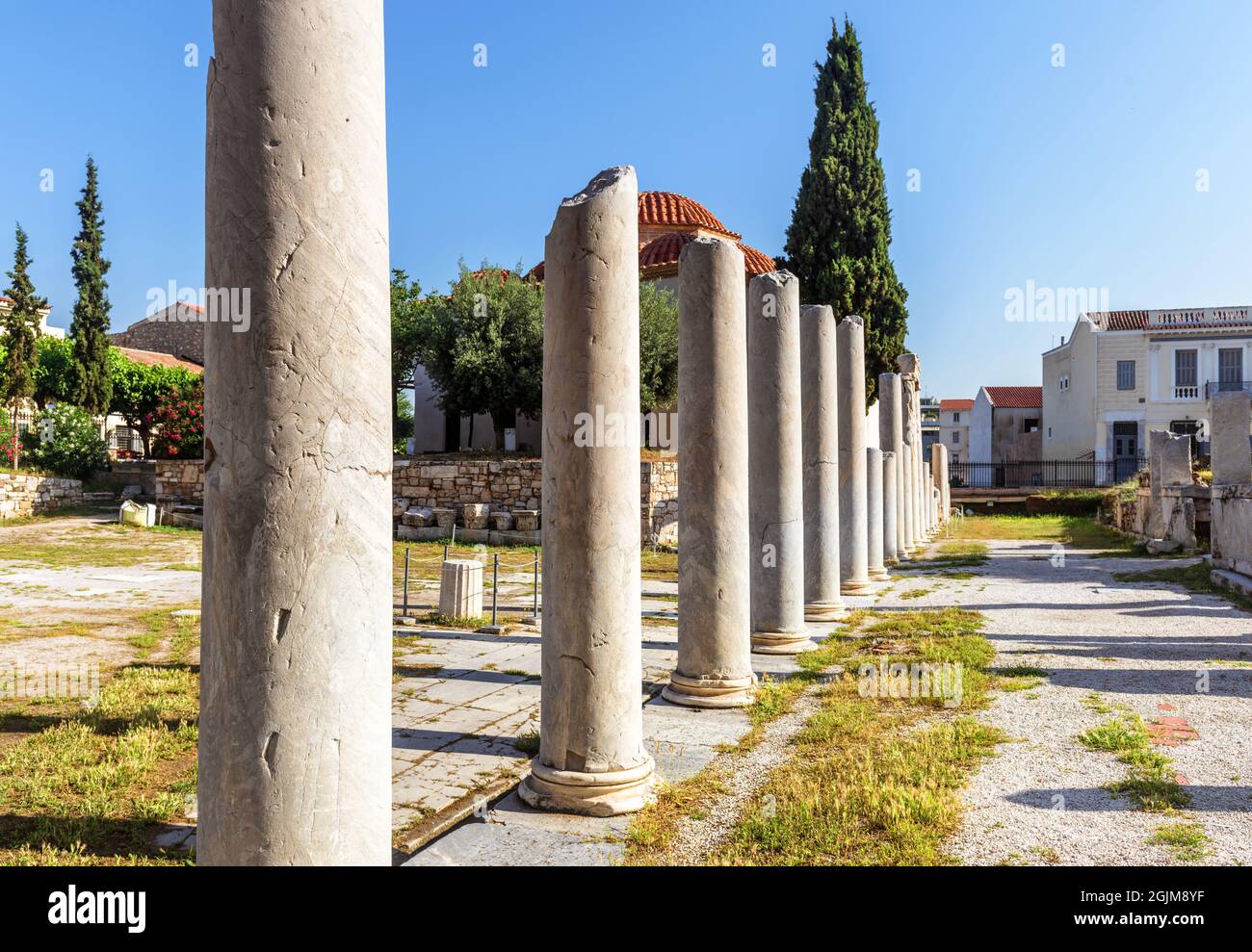 Antiche rovine greche in Agora romana, Atene, Grecia, Europa. E' un'attrazione turistica di Atene. Resti di cultura ellenistica vicino al distretto di Plaka in Foto Stock