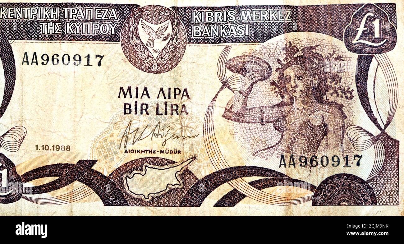 Grande frammento del lato opposto di $1 una lira cipriota lira valuta di banconota emessa $1988 dalla banca centrale di Cipro che caratterizza Nymph Acme, o Foto Stock