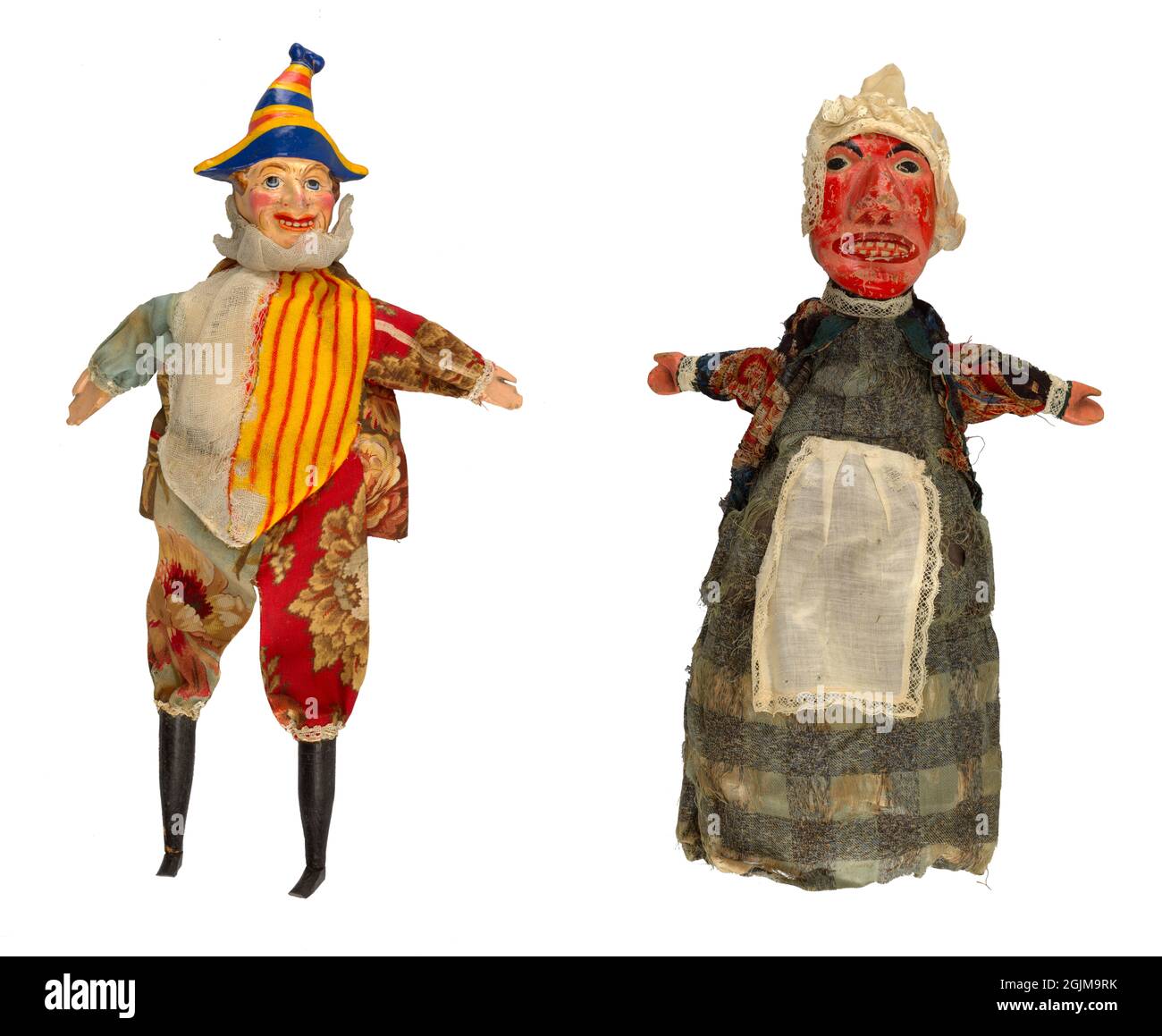 Marionette vittoriane e Judy dipinte con colori vivaci. Fine del 19 ° secolo, Inghilterra. Foto Stock