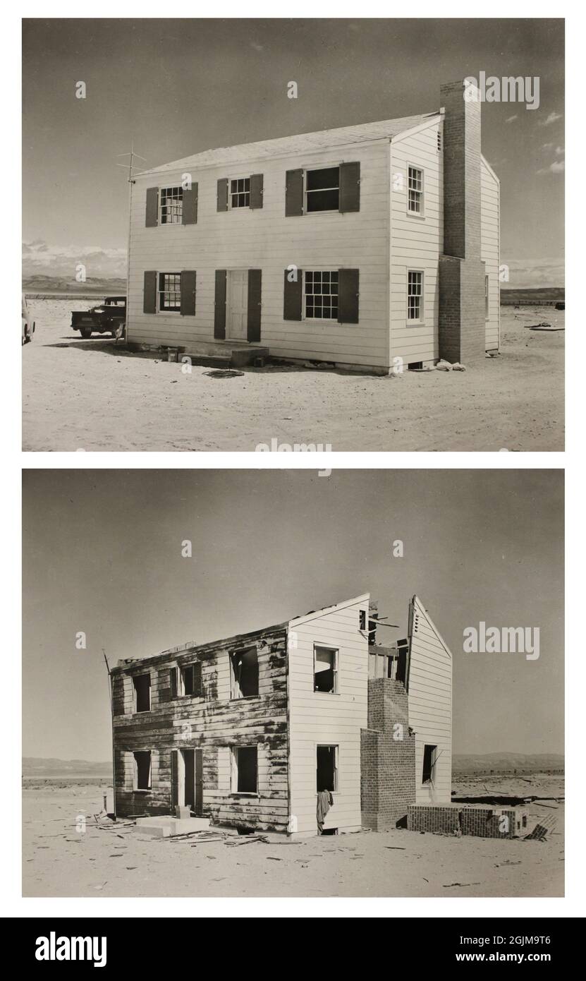 Durante l'operazione Cue (5 maggio 1955), varie "case di prova" sono state costruite presso il Nevada test Site per valutare gli effetti di un'esplosione atomica. Foto Stock