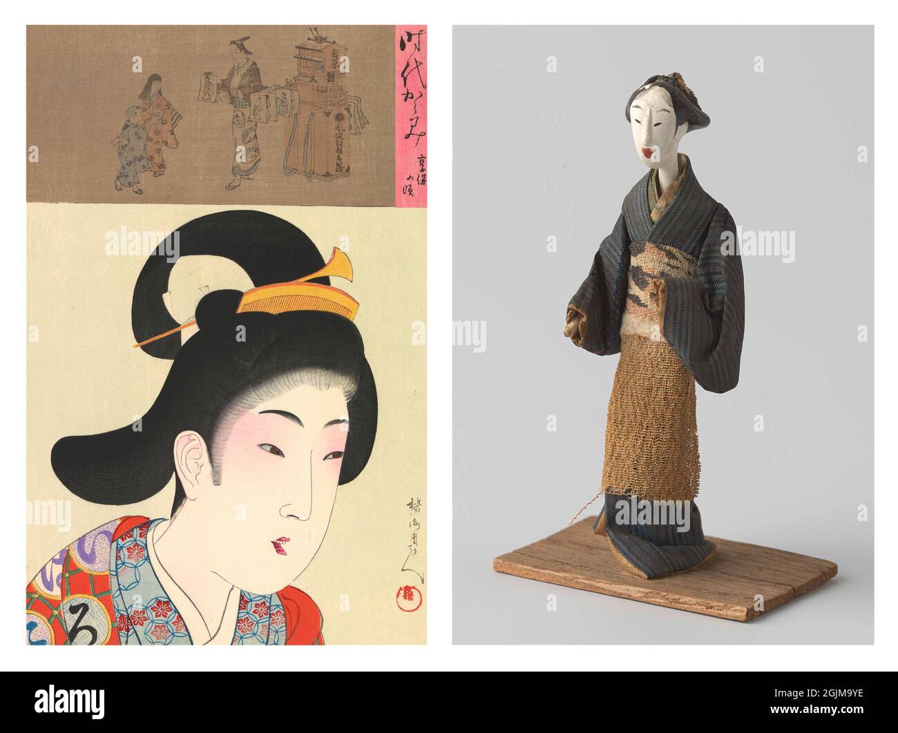 Esclusiva e ottimizzata disposizione di un'antica bambola giapponese e di un taglio in legno del XIX secolo raffigurante una donna giapponese in un kimono (sopra, un tipografo che tiene stampe) Foto Stock