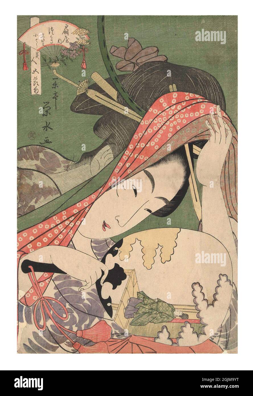 Courtesan Tsukasa dalle bellezze della casa di Ogiya e i cinque Festival Ritratto di un cortigiano con ventilatore a destra, piegandosi sotto una zanzariera sollevata. Sul ventilatore un'immagine di un uomo su una veranda, riferendosi al festival Tanabata in estate. Illustrazione giapponese del legno ottimizzata digitalmente fine diciottesimo secolo. Foto Stock