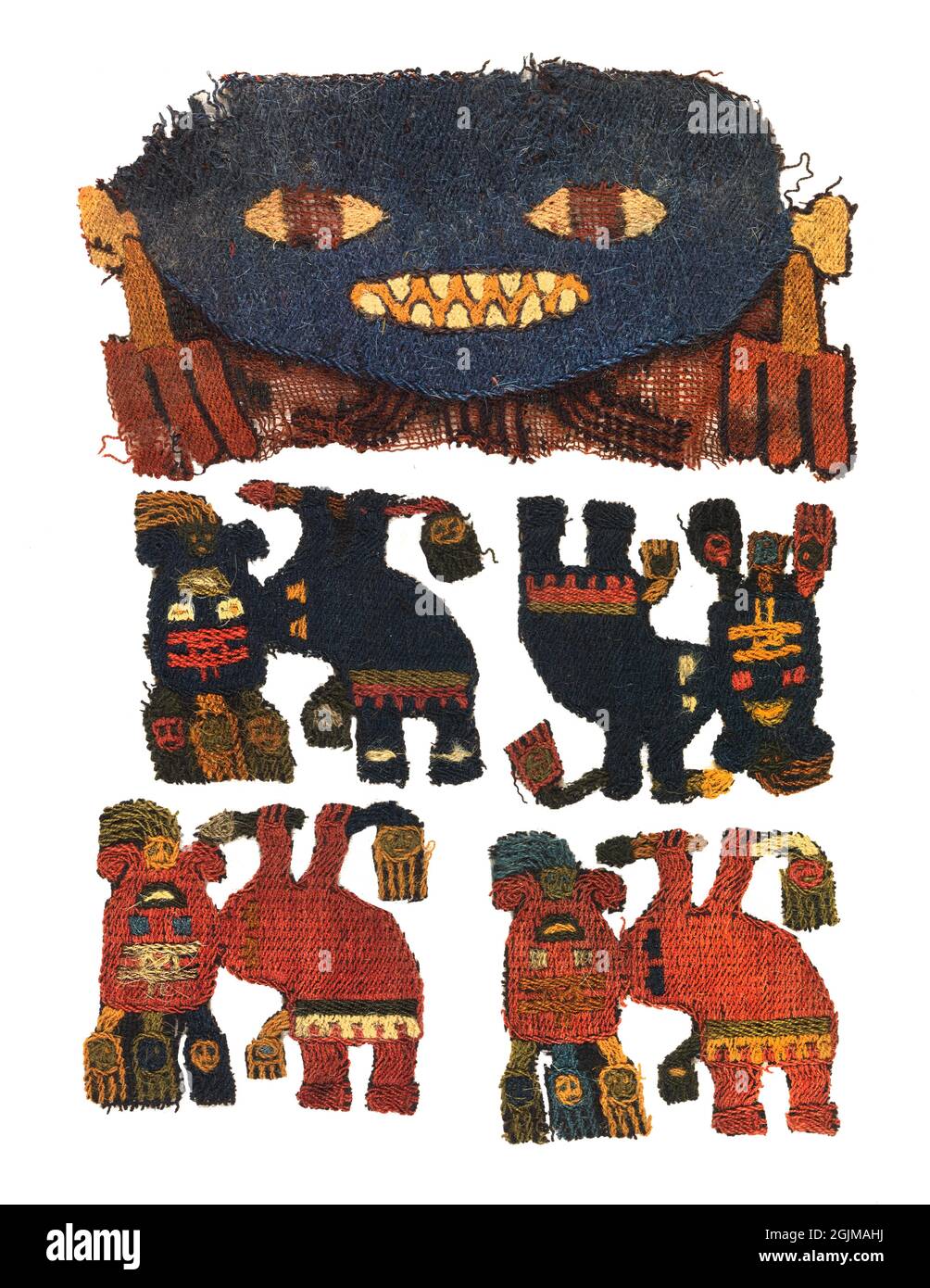 Frammenti tessili peruviani di Precolumbian, 300 BCEÐ100 CE. Perù. Faccia blu con occhi gialli e denti affilati. Foto Stock