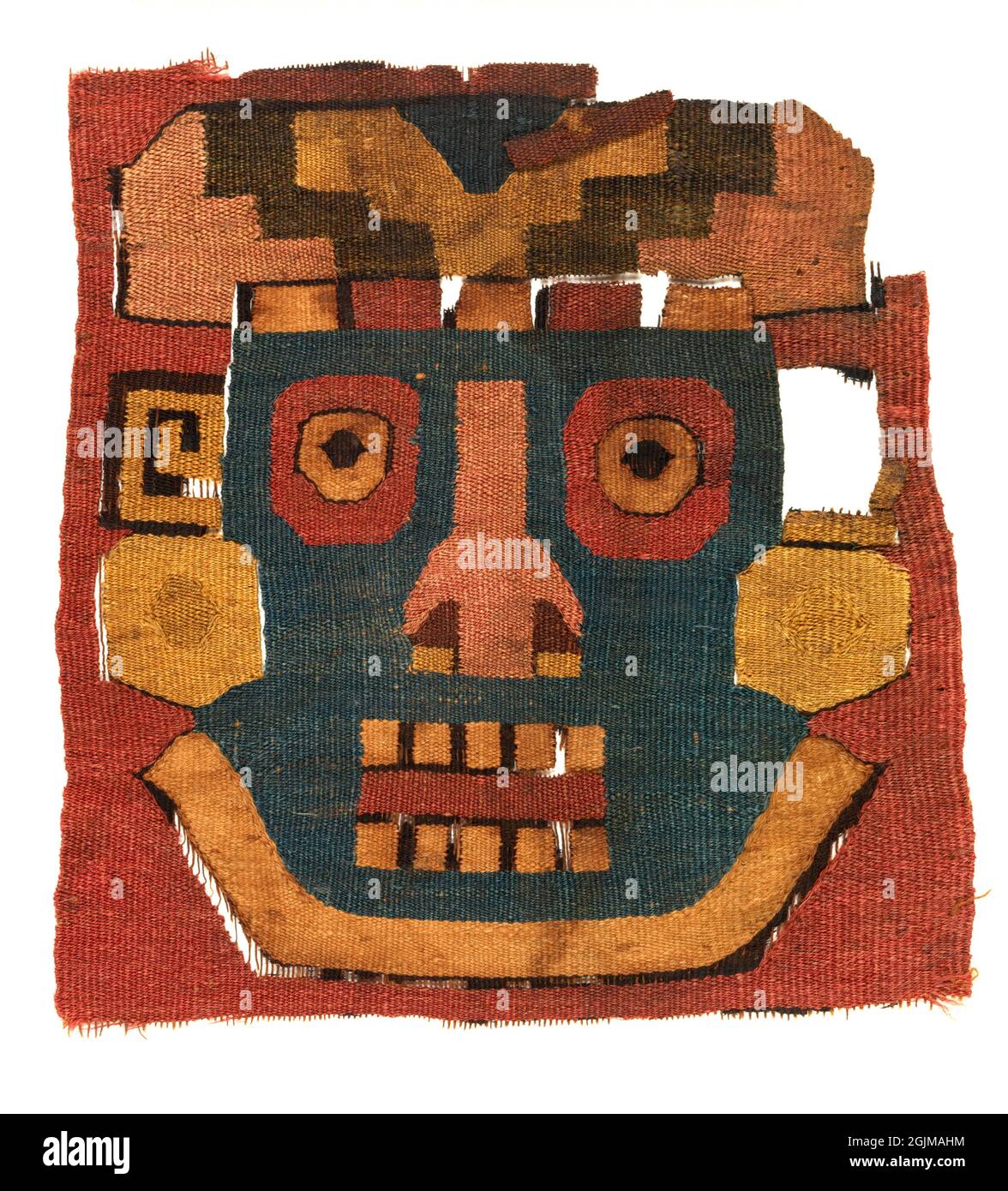 Frammento tessile peruviano di Precolumbian. Arazzo raffigurante una testa antropomorfa. Perù. c. 400CE Foto Stock