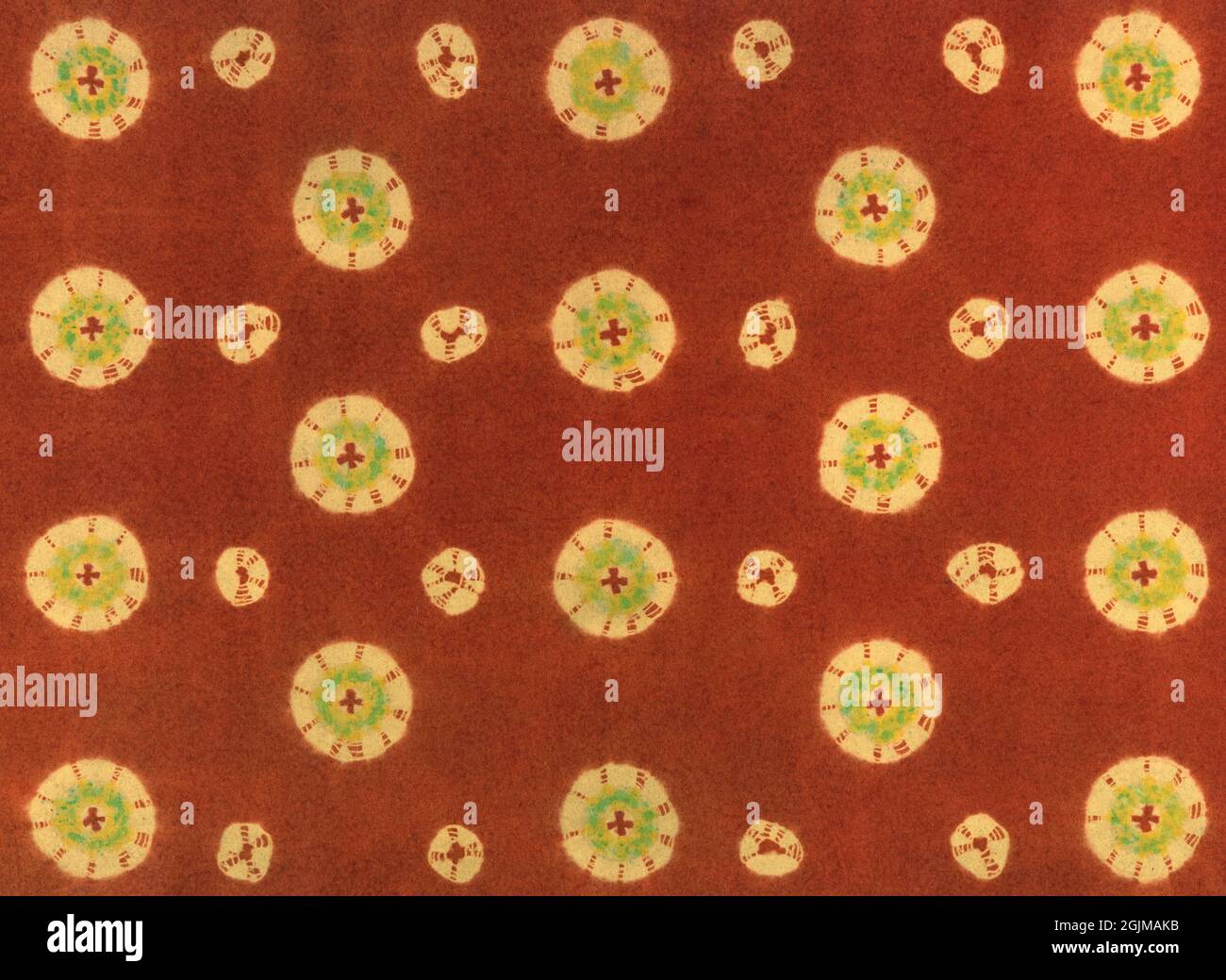 Tappeto Mosen rettangolare fatto in Cina di lana feltrata che è stata resiste tinto (shibori), lasciando disegni circolari. Il verde è stato applicato con un pennello. Un mosen è un tipo di tappeto utilizzato nelle cerimonie del tè giapponese. Simile ai tessuti buddisti presenti in Tibet. Lidey fine 19 ° secolo. GIAPPONE Foto Stock