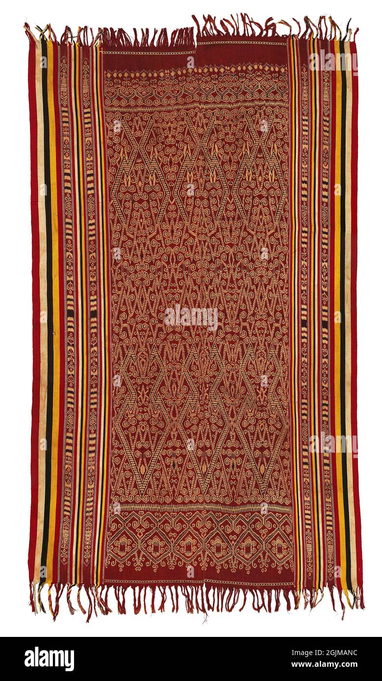 Ordito ikat decorato Pua Kumbu, un IBAN, Dayak, tessuto cerimoniale del Borneo. L'IBAN vive a Sarawak, Malesia e Kalimantan, Indonesia. Foto Stock