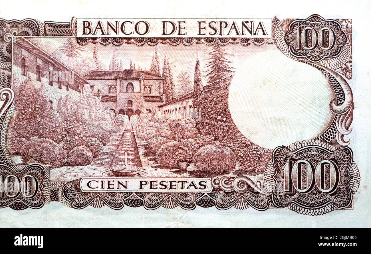 Lato opposto di 100 cento pesetas cien spagnole emesse 1970 caratteristiche residenza estiva dei re moreschi, Granada, antichi spagnoli Foto Stock