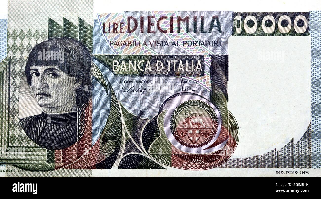 Lato opposto di 10000 decimila lire lire lire lire lire moneta emessa 1976 1978 dalla banca d'Italia presenta Andrea del Castagno, National Galler Foto Stock