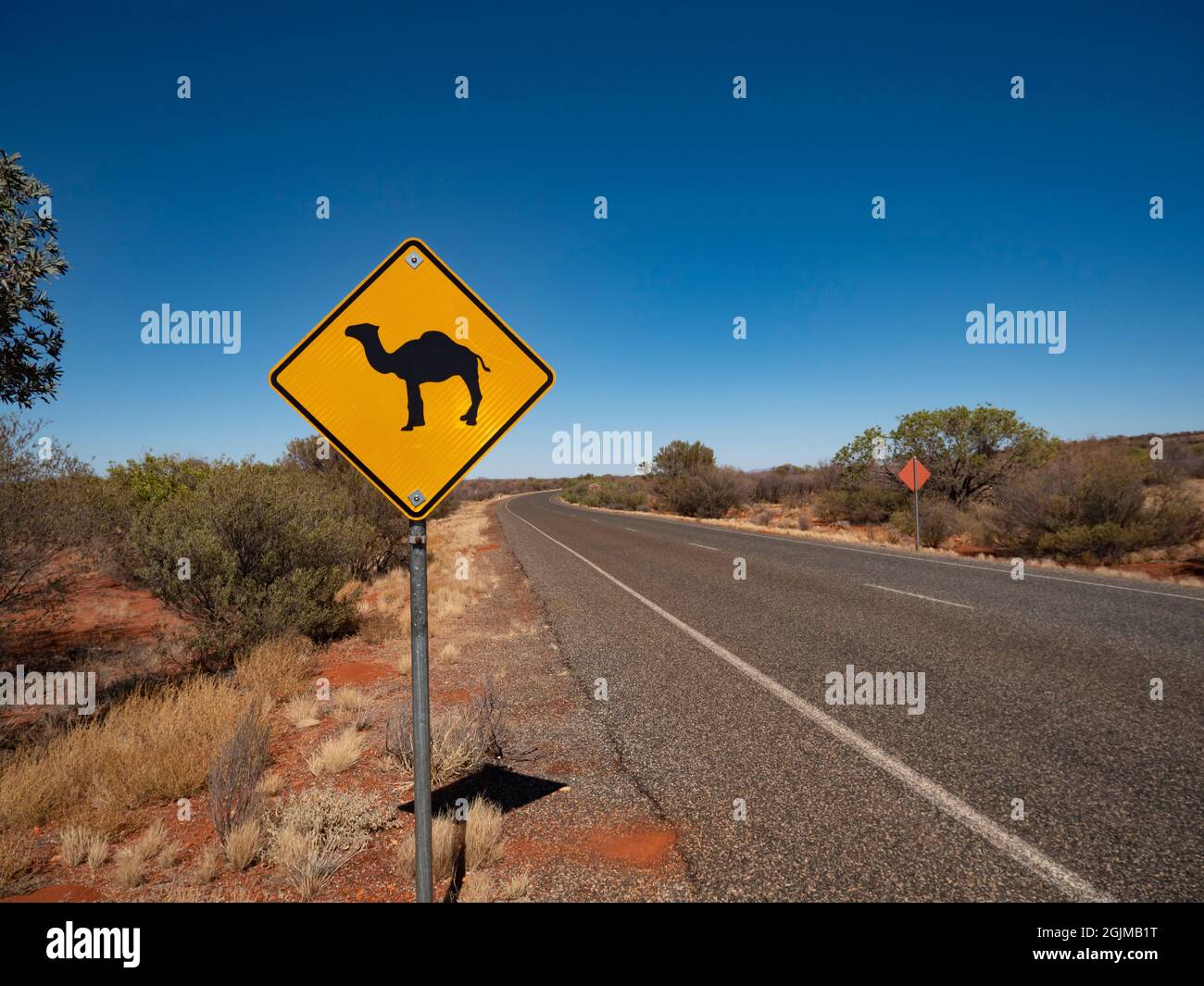 Cartello stradale di avvertimento cammello in Outback arid Red Centre, Australia centrale. Foto Stock
