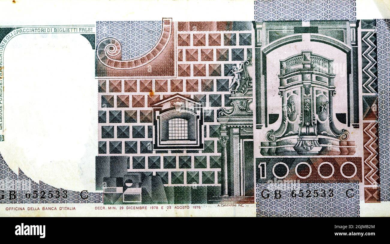 Il rovescio di 10000 decimila lire lire lire lire lire lire lire lire lire lire banconote emesse nel 1976 1978 dalla banca d'Italia presenta elementi architettonici di New Jesu Foto Stock