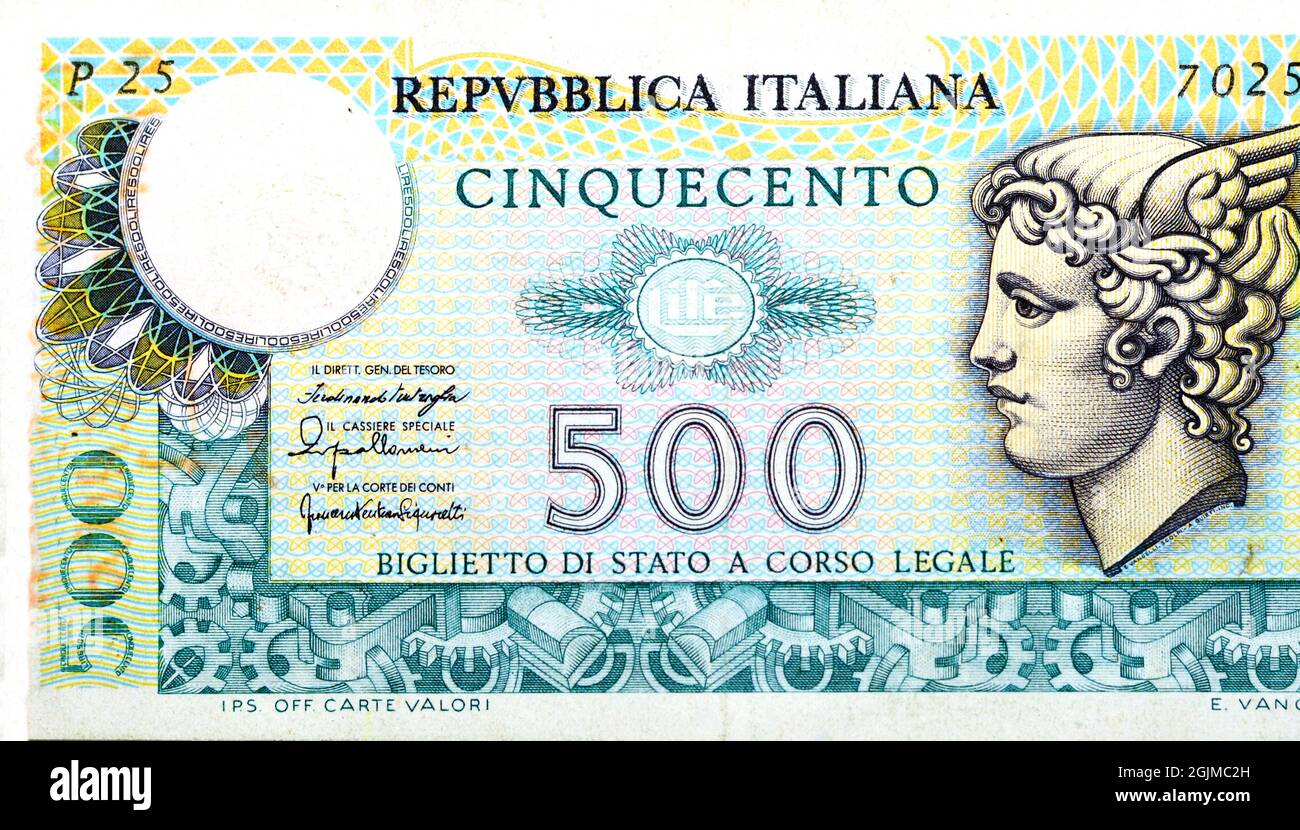Grande frammento del lato opposto di 500 cinquecento banconote in lire italiane 1976 caratteristiche non circolate Mercurio, vecchio denaro italiano, vintage r Foto Stock