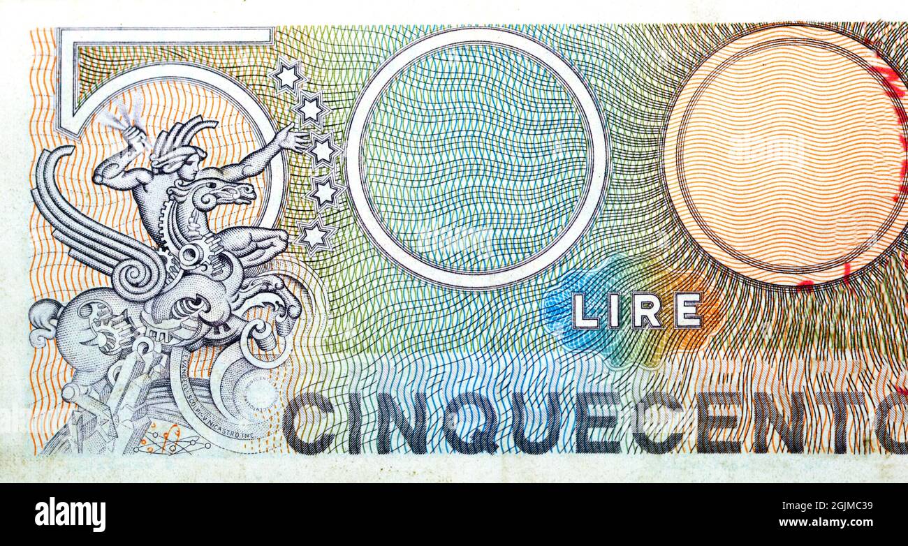 Grande frammento del retro di 500 cinquecento banconote lire italiane 1976 caratteristiche non circolate Pegaso meccanico con torcia, vecchio Foto Stock