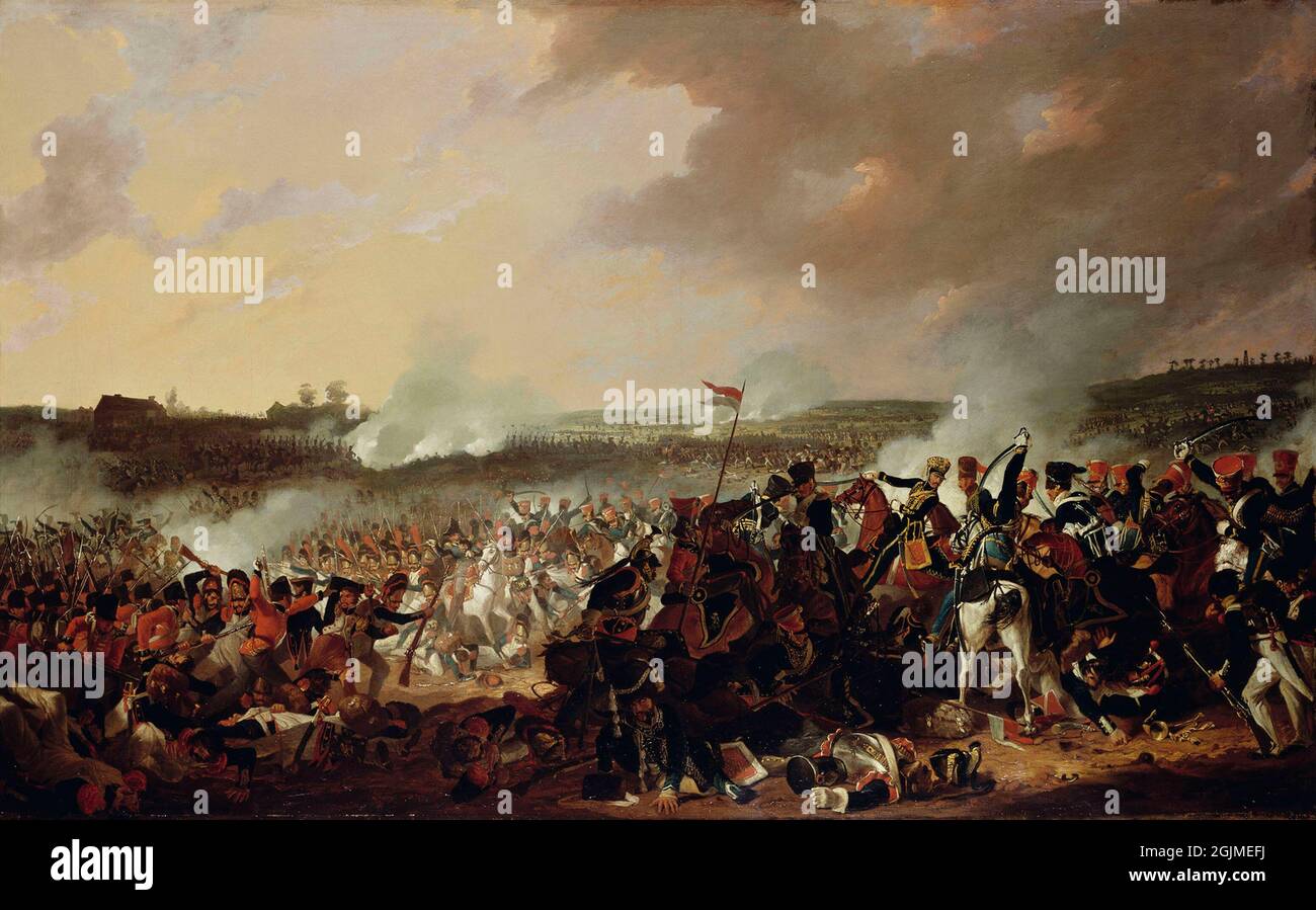 Scene della Battaglia di Waterloo nel 1815, dove la Grande Armée di Napoleone fu per poco sconfitta da Wellington e dagli eserciti combinati di Blücher. Dipinto di Denis Dighton. Foto Stock