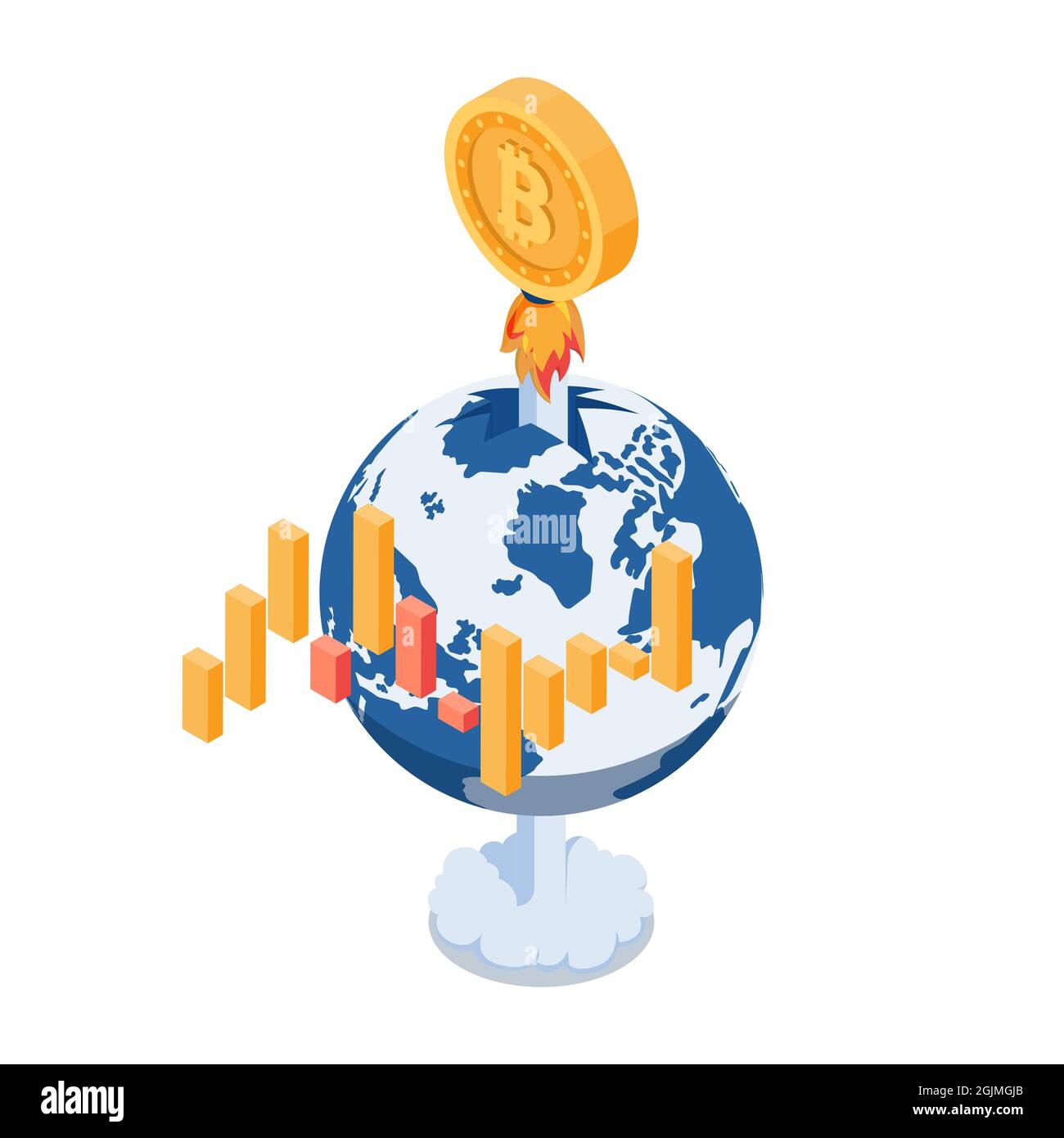 Flat 3d Isometric Bitcoin Rocket volare attraverso il mondo. Crescita rapida dei prezzi Bitcoin e concetto di criptovaluta. Illustrazione Vettoriale