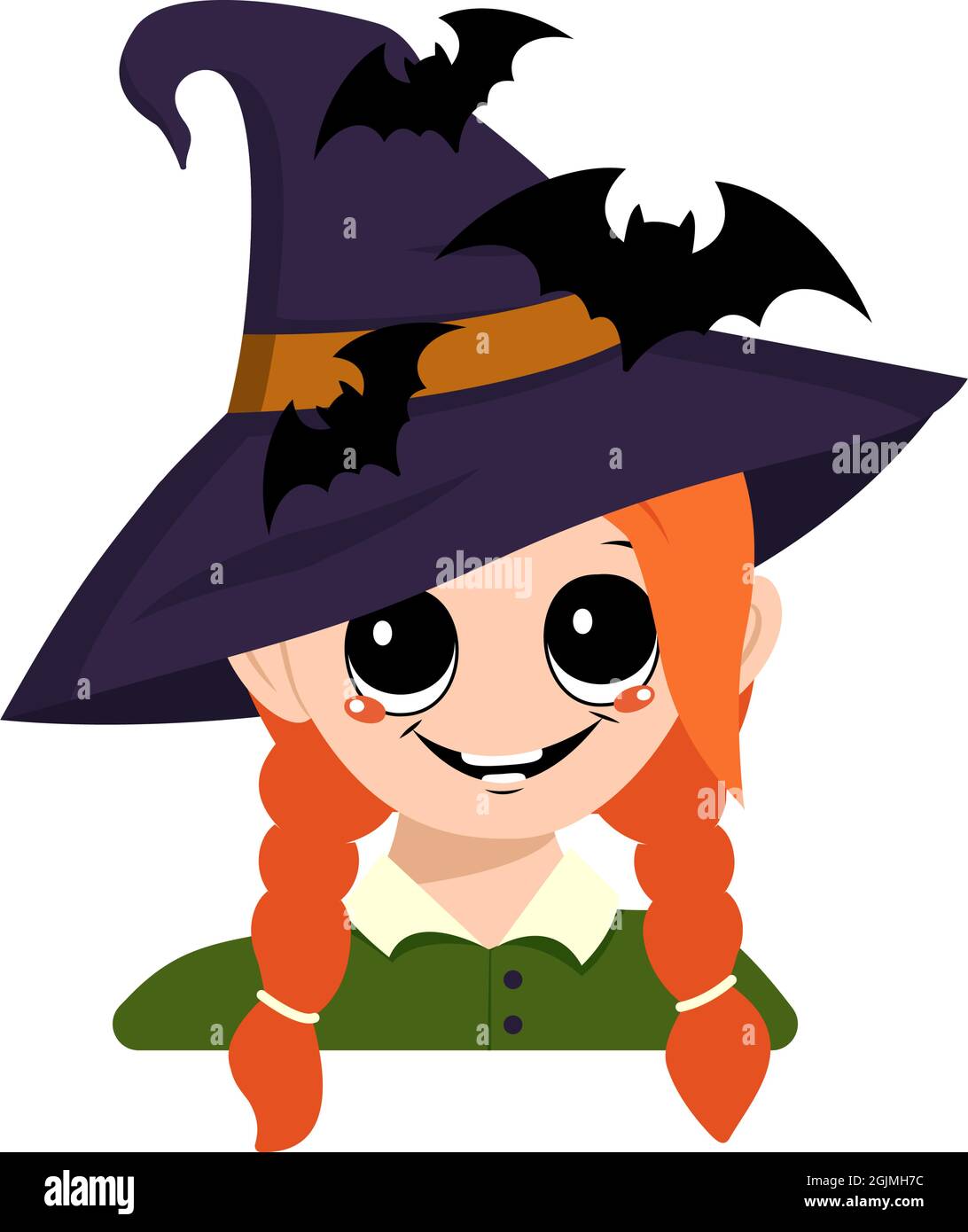 Avatar di una ragazza con capelli rossi, occhi grandi e un ampio sorriso felice in un cappello strega appuntito con un pipistrello. La testa di un bambino con un volto gioioso. Decorazione di festa di Halloween Illustrazione Vettoriale