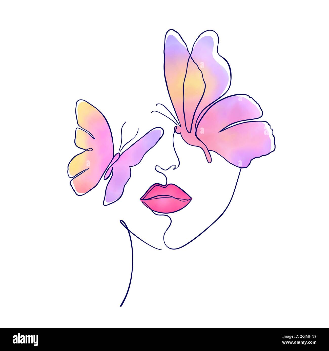 Faccia femmina con farfalle Illustrazione Vettoriale