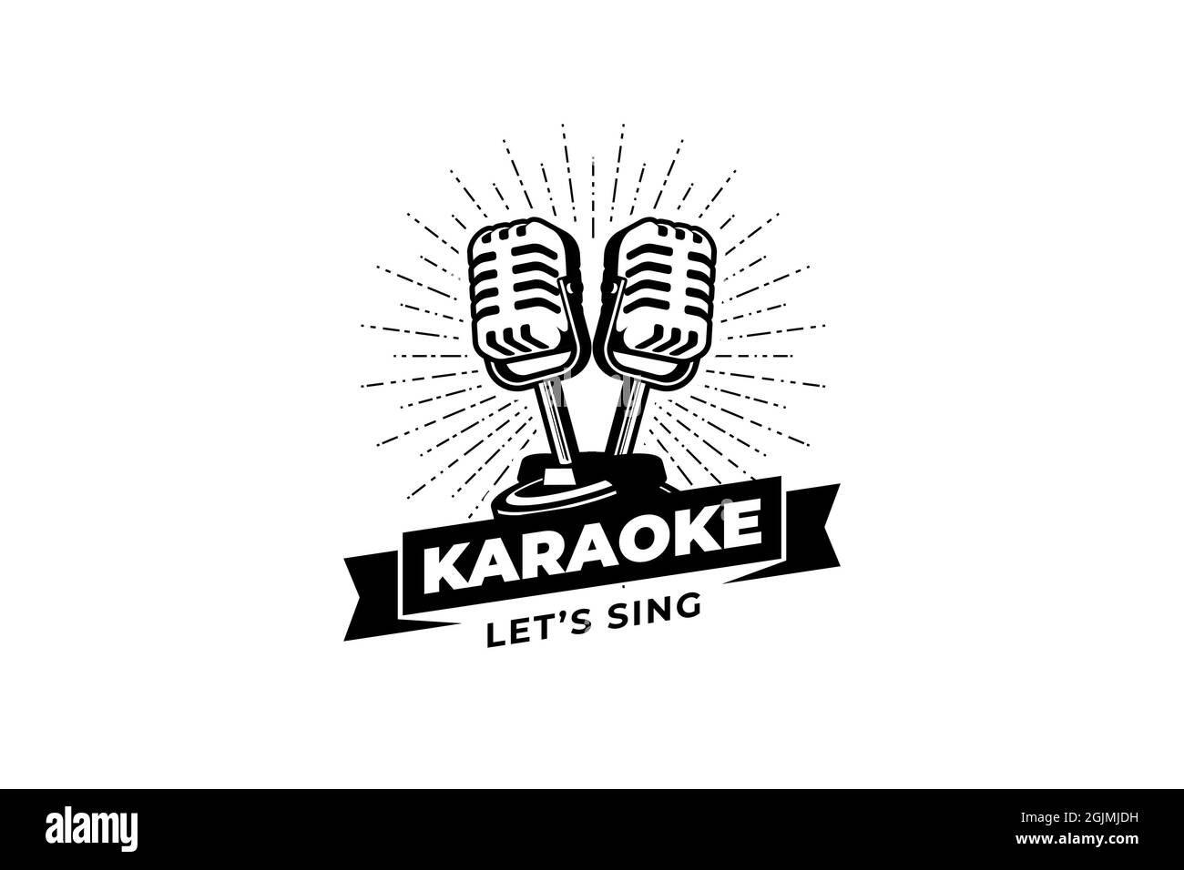 Cantante karaoke vocale o logo della stazione podcast con microfono retrò. Elemento di design per logo, etichetta, emblema, segno. Foto Stock