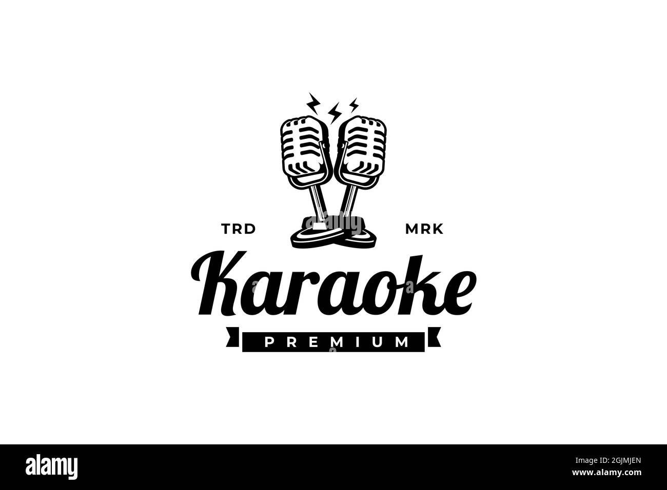 Cantante karaoke vocale o logo della stazione podcast con microfono retrò. Elemento di design per logo, etichetta, emblema, segno. Foto Stock